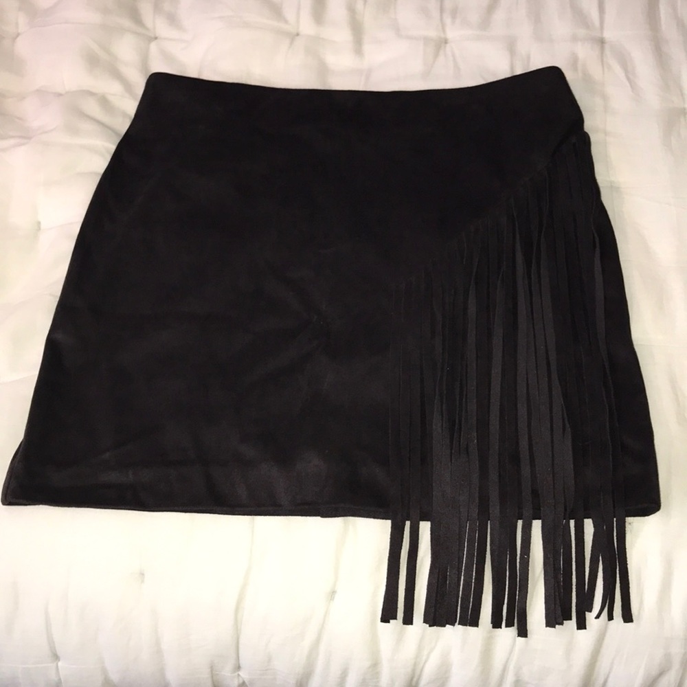 NWOT Black Suede fringe mini skirt